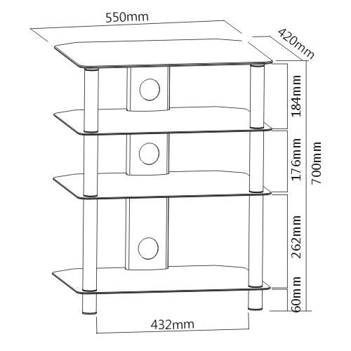 BRATECK 4-Tier Glass Hi-Fi Entertainment Unit. 40kg Max load. Supplied flat pack, Integrated cable management