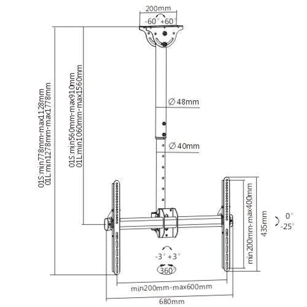 BRATECK 37''-75'' Ceiling mount bracket. Max load: 50Kgs. VESA support up to: 600x400. Profile: 560-910mm