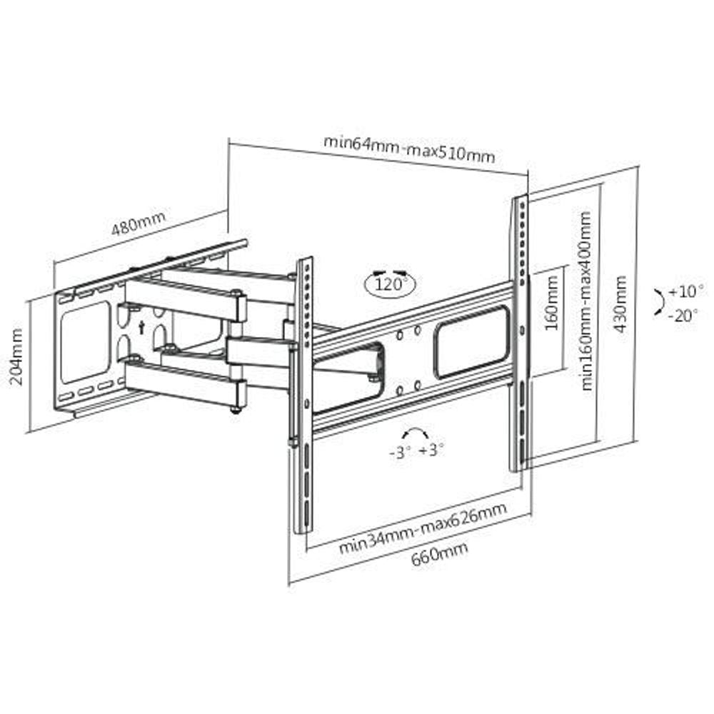 BRATECK 37''-70'' Full motion bracket Extend, tilt and swivel. VESA support up to: 600x400