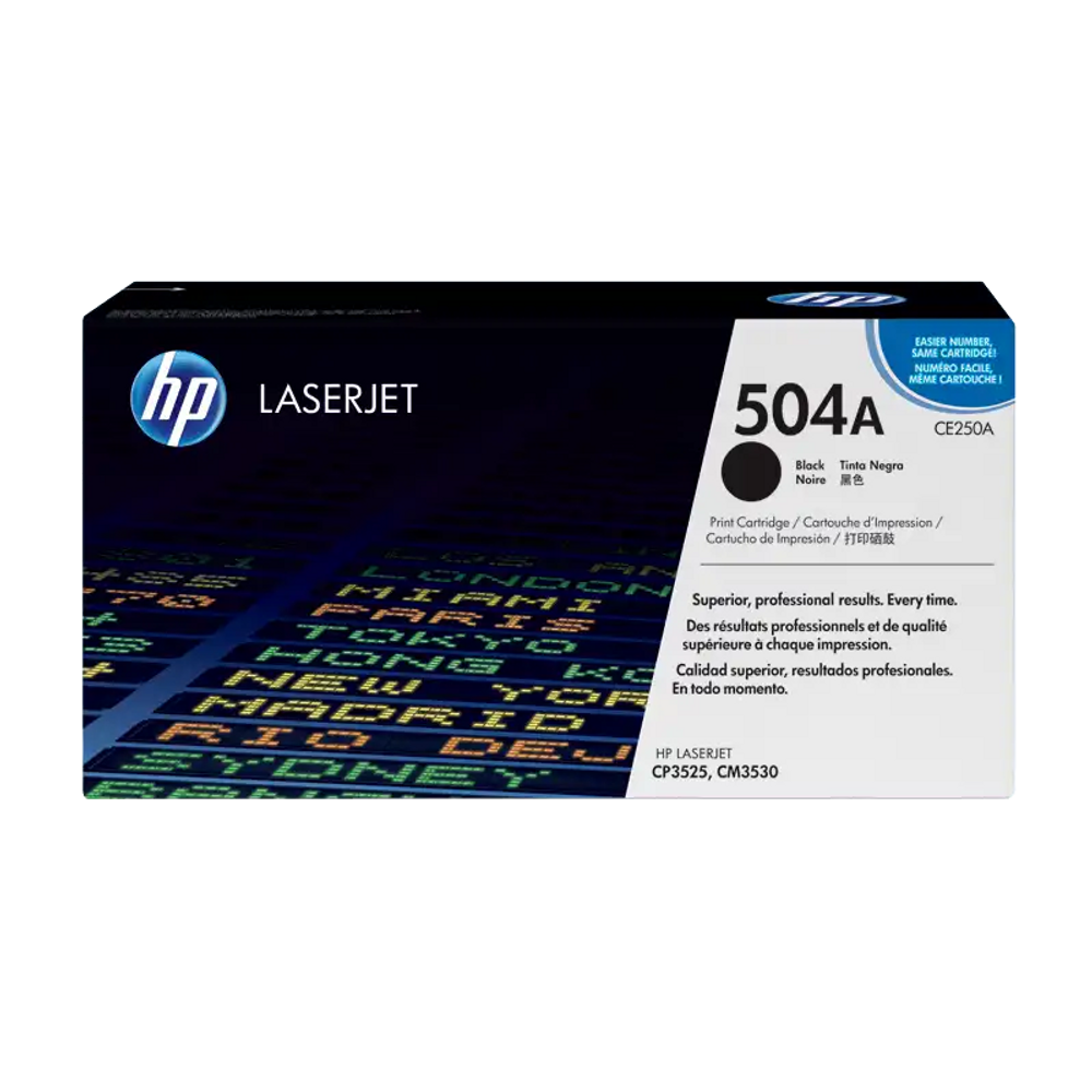 HP LaserJet 504A black toner cartridge, label shows black (CE250A)