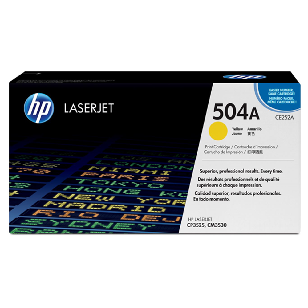 HP LaserJet 504A yellow toner cartridge, label shows yellow (CE252A)