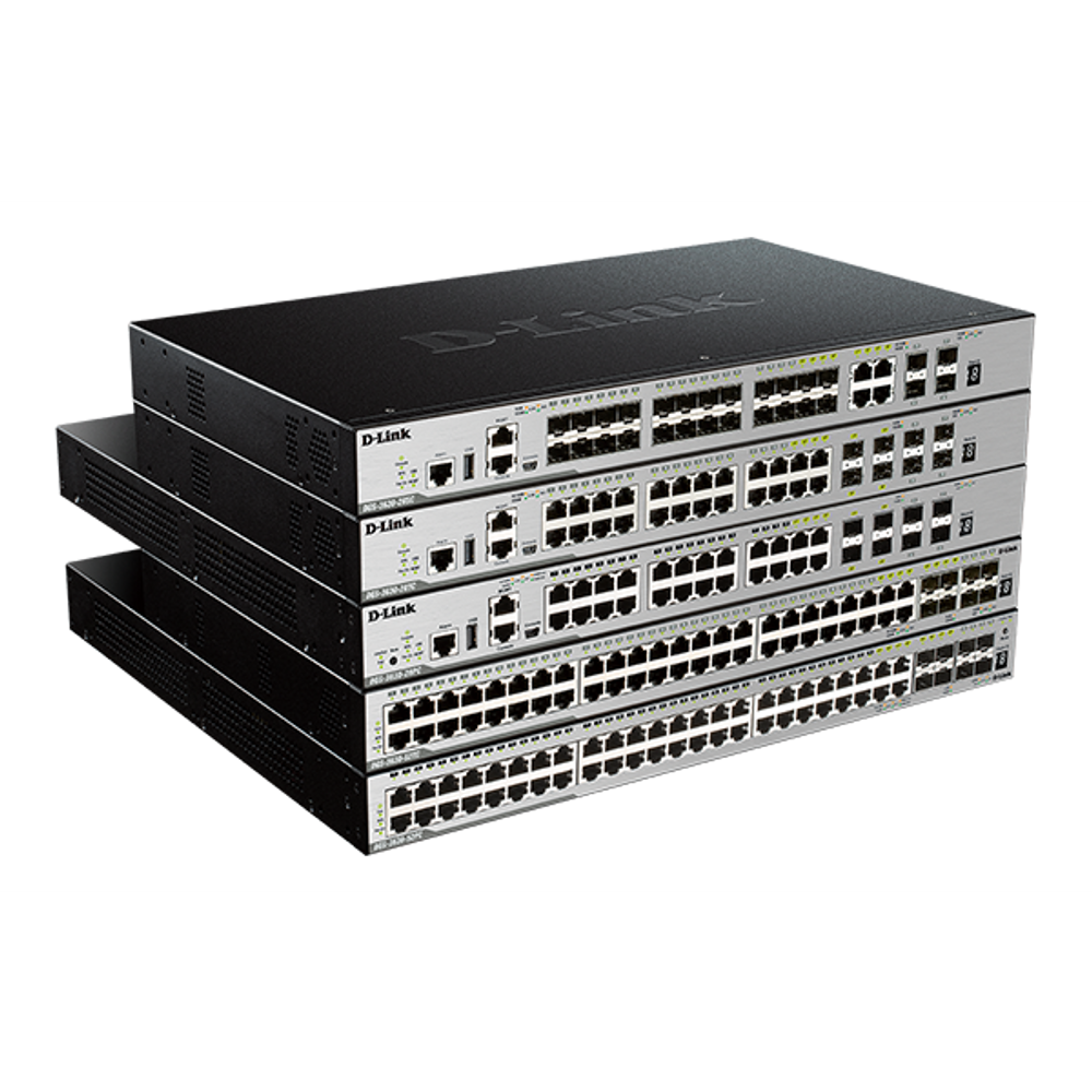 Stackable D-Link managed PoE gigabit switch, stacked units show front port faces