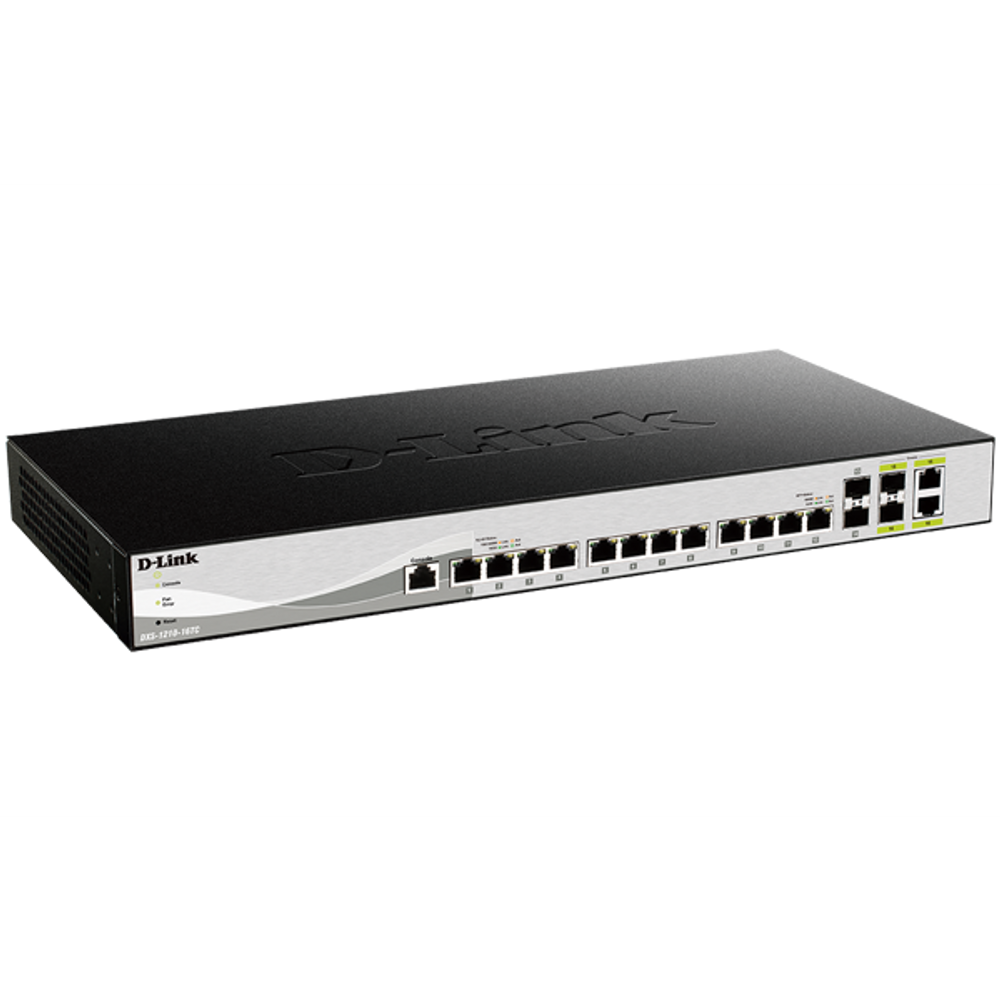D-Link 16-port 10GbE smart managed switch angled front with RJ45 ports and link LEDs