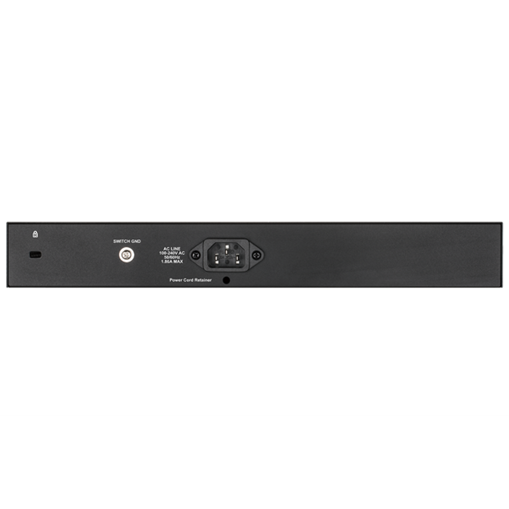 D-Link 10-port Gigabit PoE smart managed switch, rear panel with power ports and LEDs