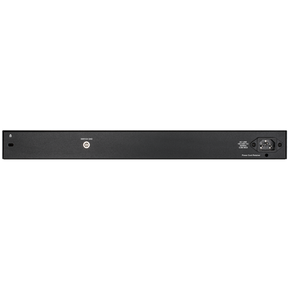 Dlink 28-port gigabit PoE switch, rear panel with power and port connectors