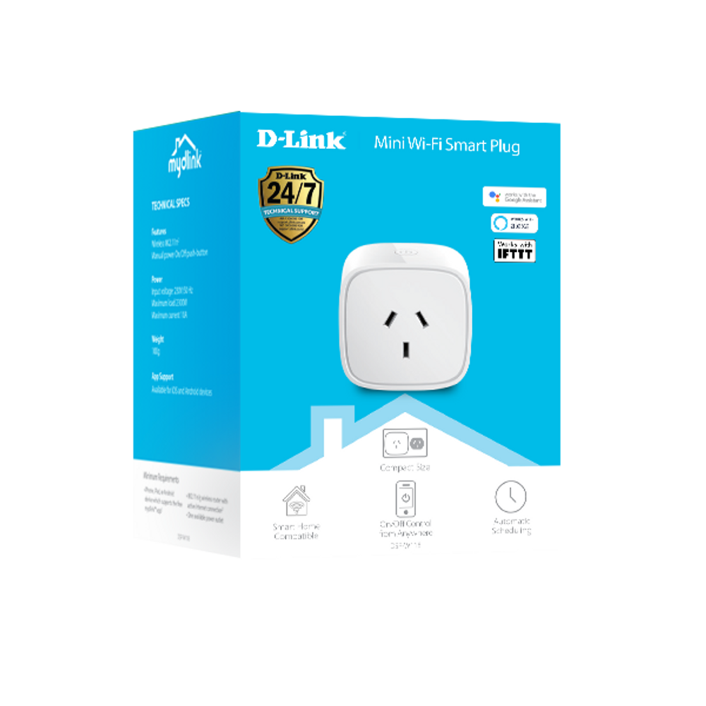 D-Link mini Wi‑Fi smart plug retail box showing device and key features