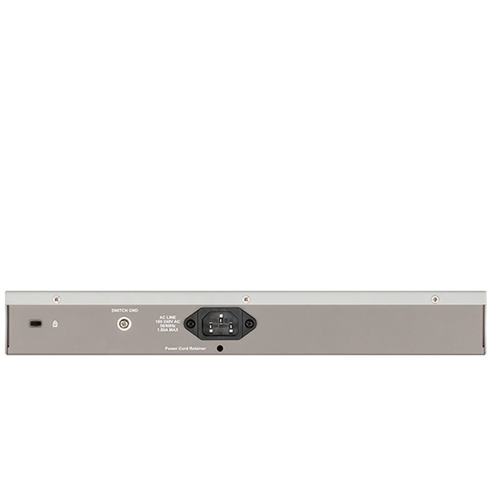 PoE gigabit switch rear panel with power connector and status labels