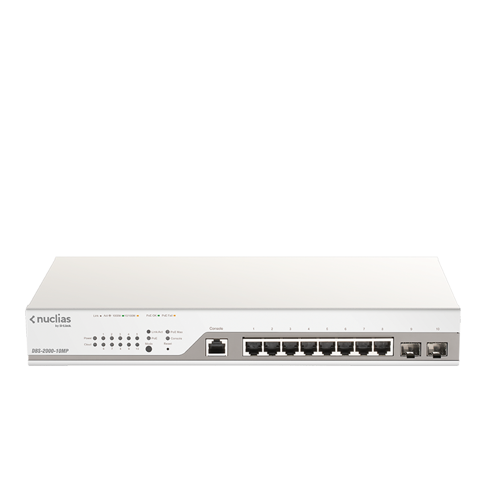 D-Link DBS-2000-10MP 10-Port Gigabit Nuclias Cloud Managed PoE Switch with 8 PoE RJ45 And 2 SFP Ports. PoE Budget 130 Watts.