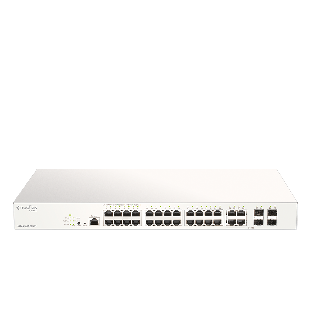 D-Link DBS-2000-28MP 28-Port Gigabit Nuclias Cloud Managed PoE Switch with 28 Rj45 (24 PoE) And 4 Combo Sfp Ports. PoE Budget 370 Watts.