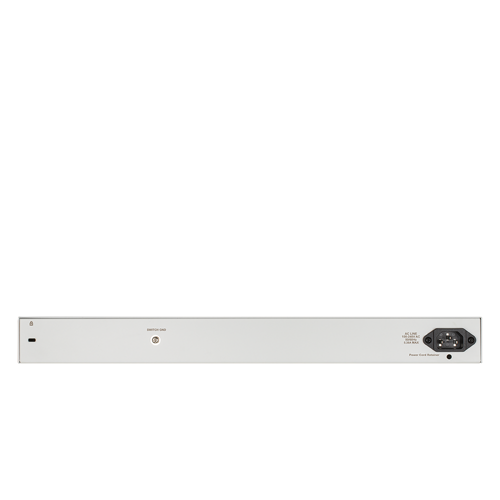 Nuclias cloud managed PoE switch rear panel with power input and status indicators
