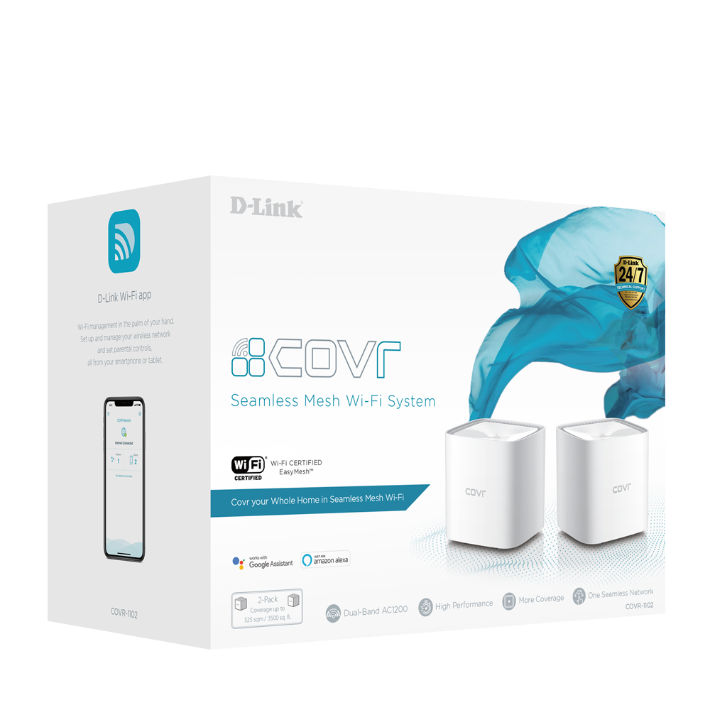 D-Link COVR seamless mesh Wi‑Fi system retail box with two white units