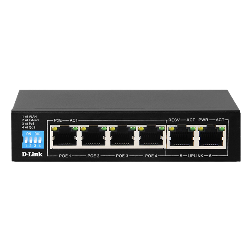 Front panel of black PoE Ethernet switch with RJ45 ports and PoE status LEDs