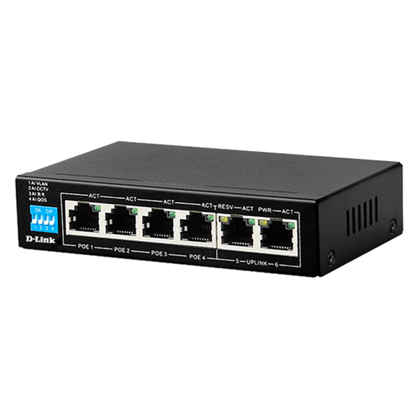 D-Link DES-F1006P-E 6-Port 10/100mbps PoE Switch with 4 Long Reach PoE Ports And 2 Uplink Ports. PoE Budget 60w.