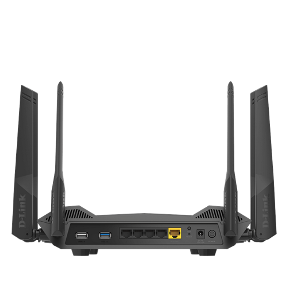 Black mesh Wi‑Fi 6 router rear panel with Ethernet and USB ports, four antennas