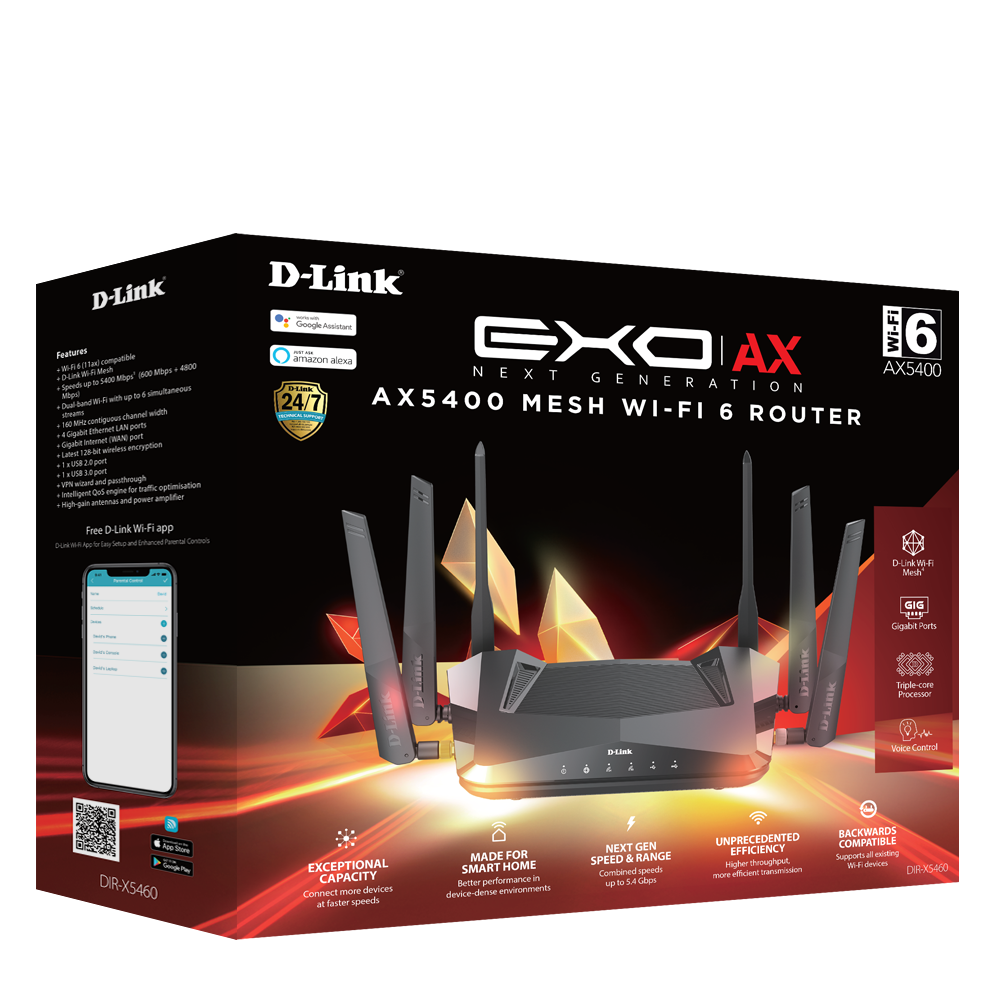 D-Link AX5400 mesh Wi‑Fi 6 router box with EXO AX graphics