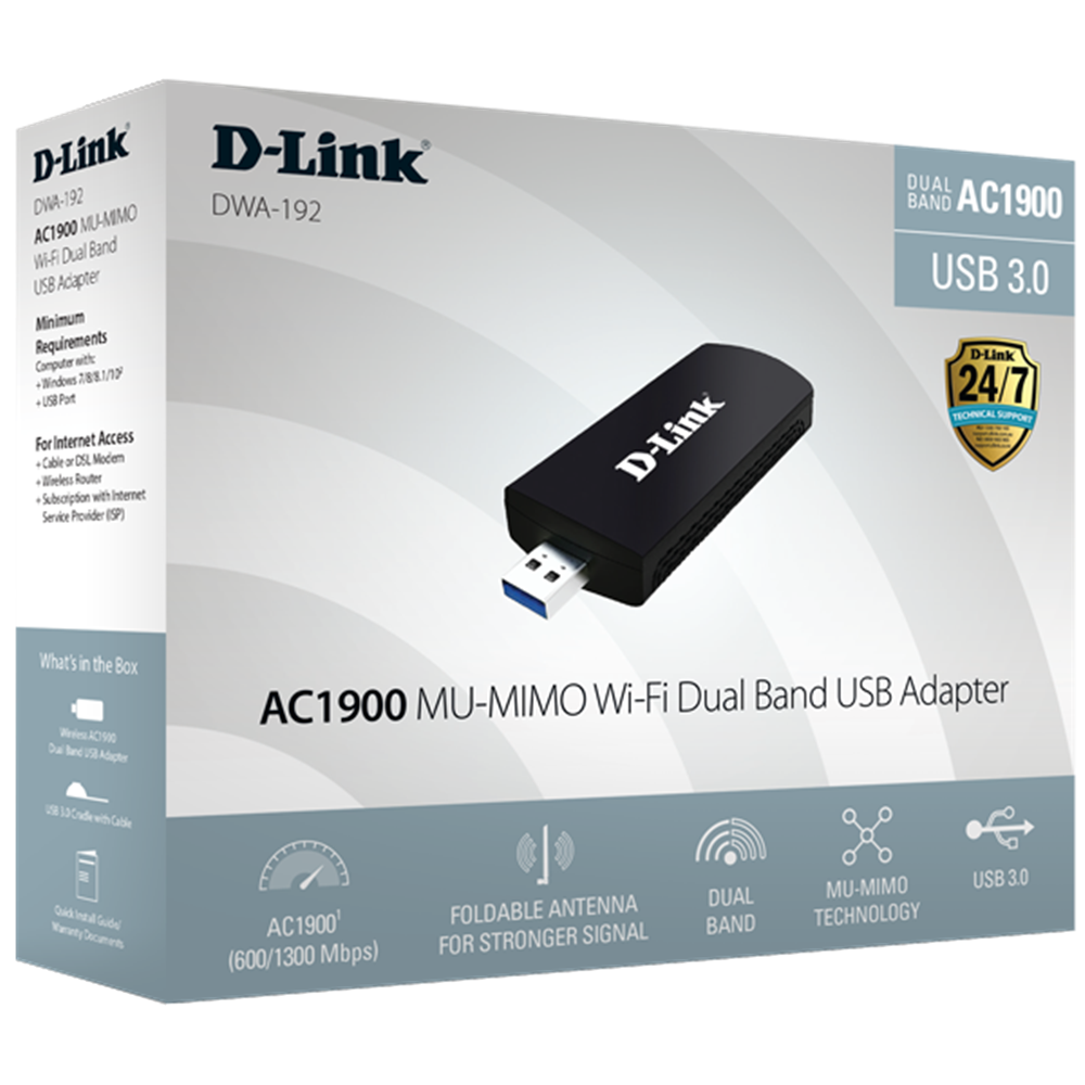 D-Link DWA-192 AC1900 MU‑MIMO dual-band USB 3.0 adapter retail box