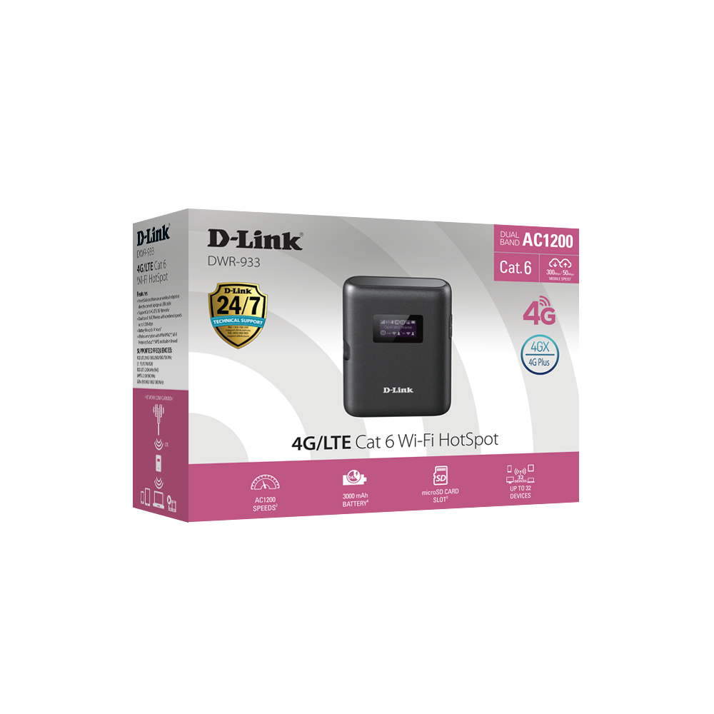 D-Link 4G LTE Wi‑Fi hotspot retail box with device photo