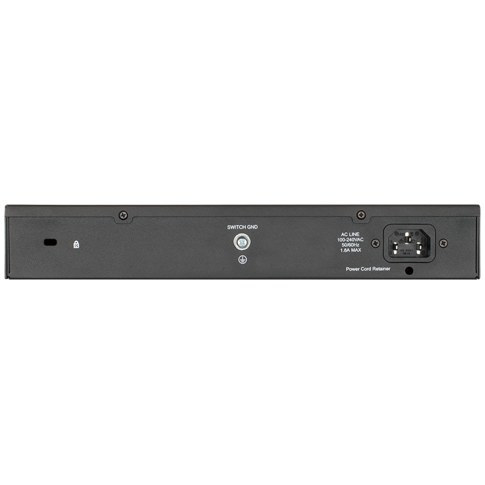 D-Link dark gray switch rear panel with power cord, grounding and AC input