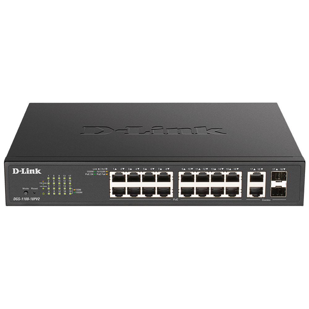 D-Link DGS-1100-18PV2 18-Port Gigabit Smart Managed Switch with 16 PoE+ And 2 Combo Rj45/Sfp Ports. PoE Budget 130w.