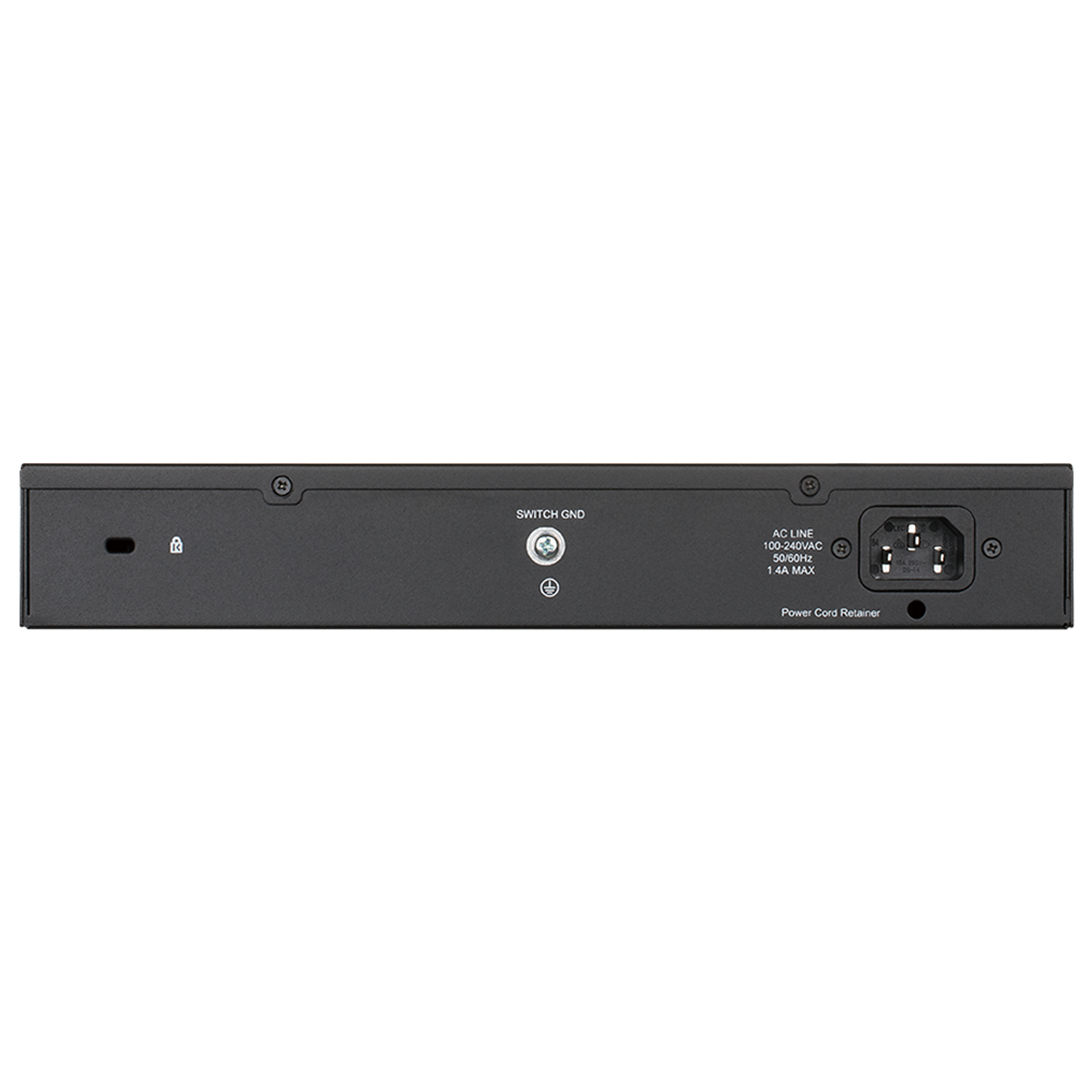 D-Link DGS-1100-24PV2 rear panel, power inlet and grounding label details