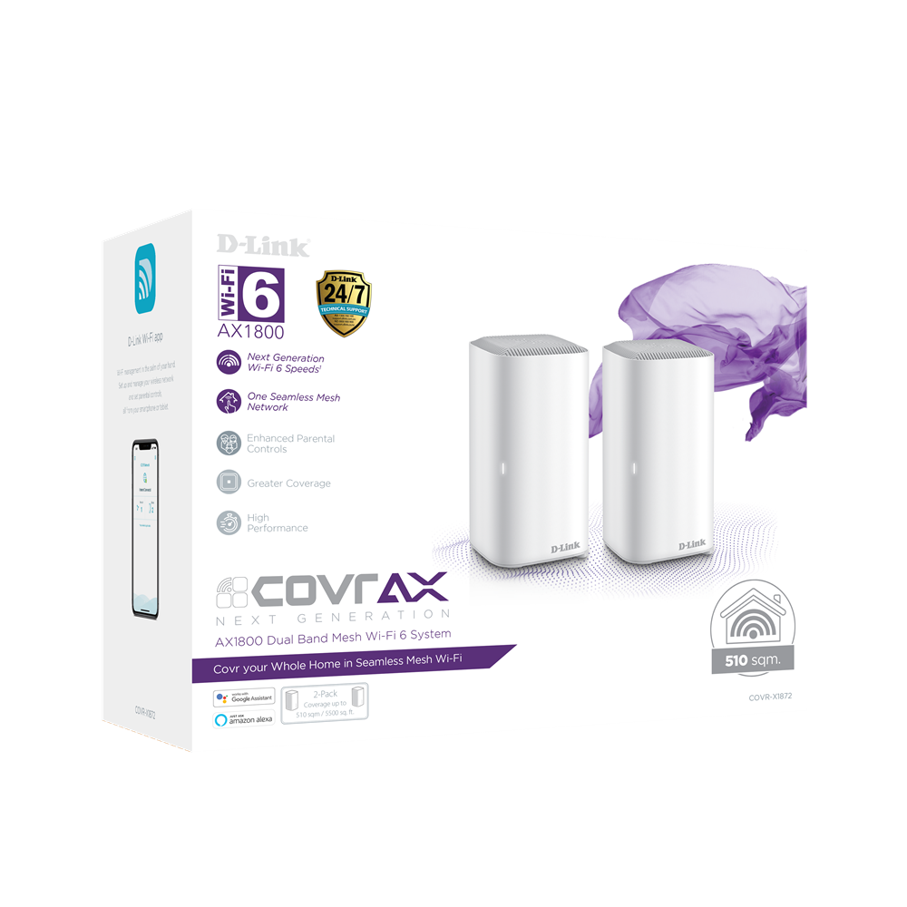 D-Link COVR-X1872 AX1800 mesh Wi‑Fi 6 system box with two router pods