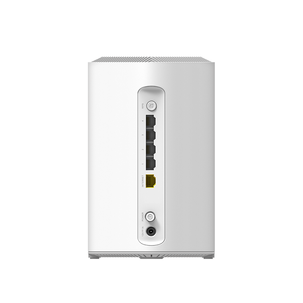 White D-Link mesh Wi‑Fi 6 router pod, side panel with Ethernet ports