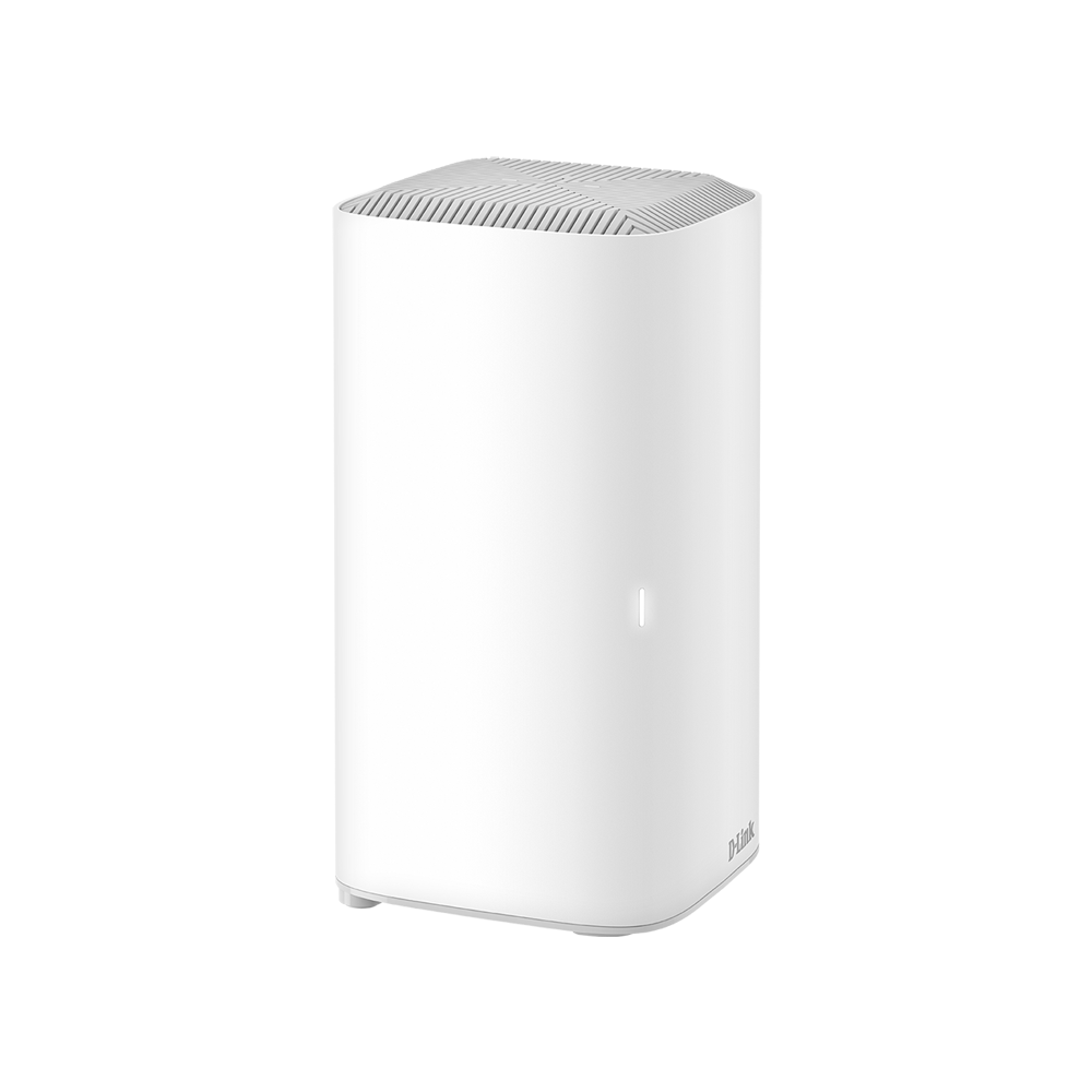 White D-Link mesh Wi‑Fi 6 router pod, front view with top vents