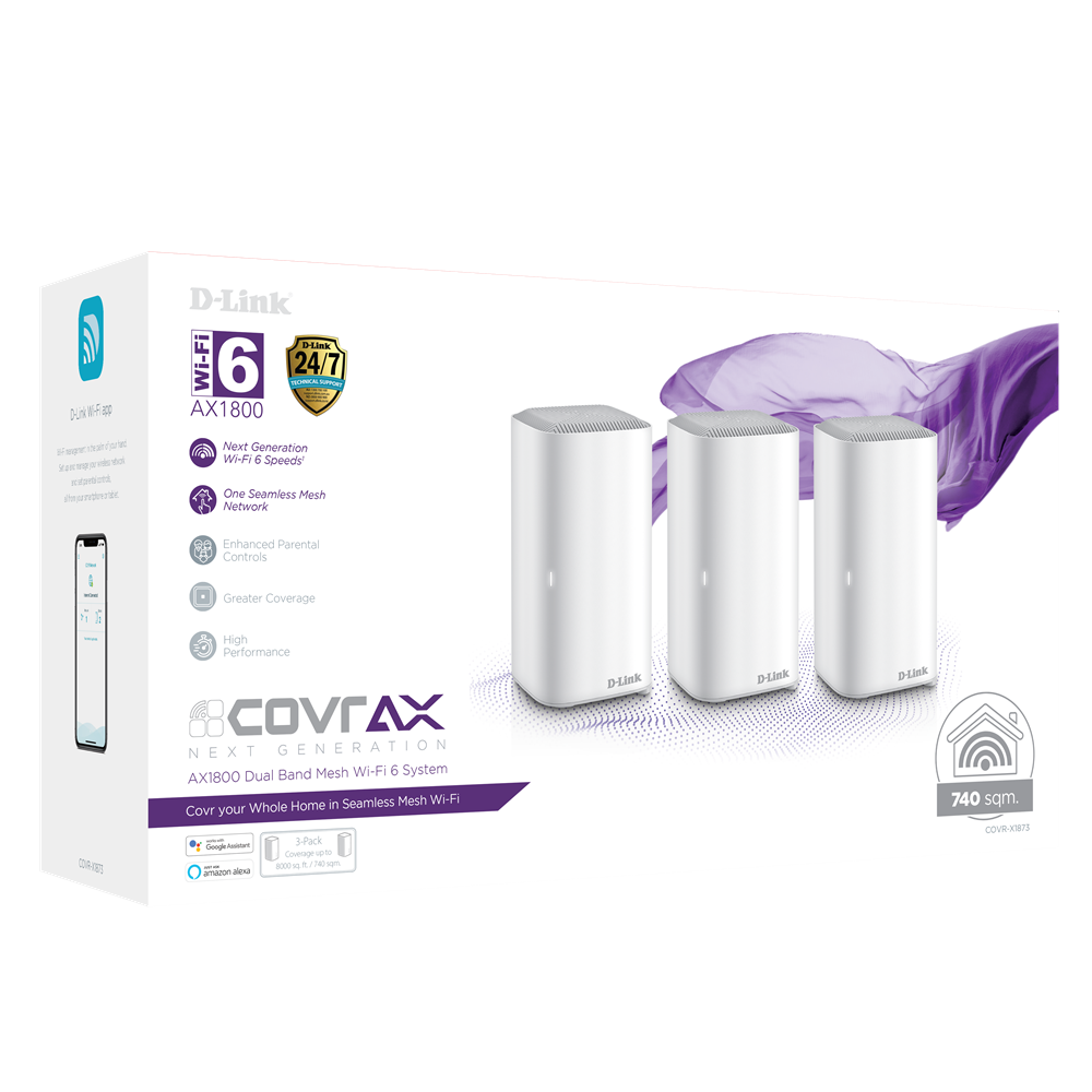 D-Link COVR-X1873 AX1800 Wi-Fi 6 mesh system retail box with three white units