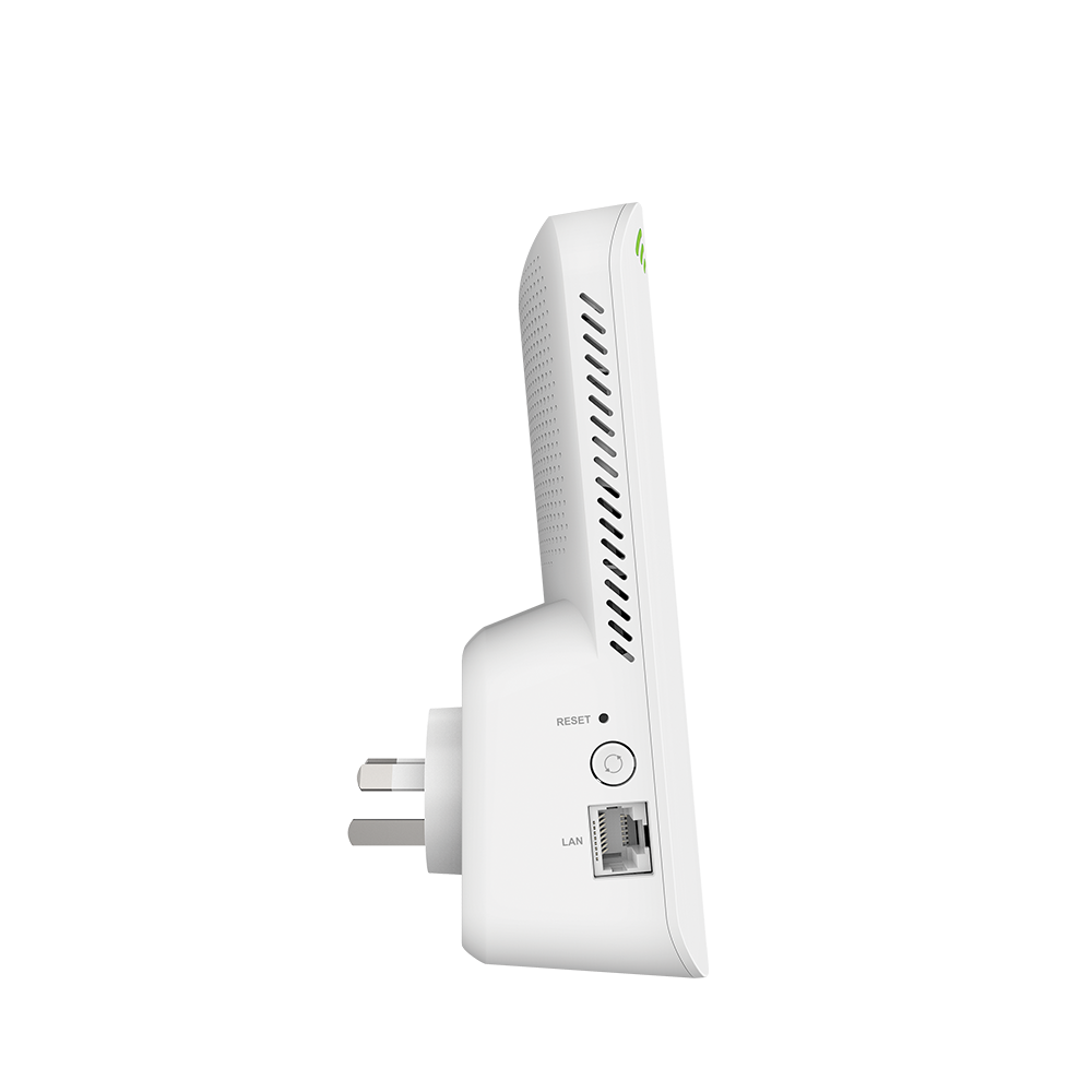 White D-Link Wi‑Fi 6 mesh extender with LAN port, reset button, and plug prongs