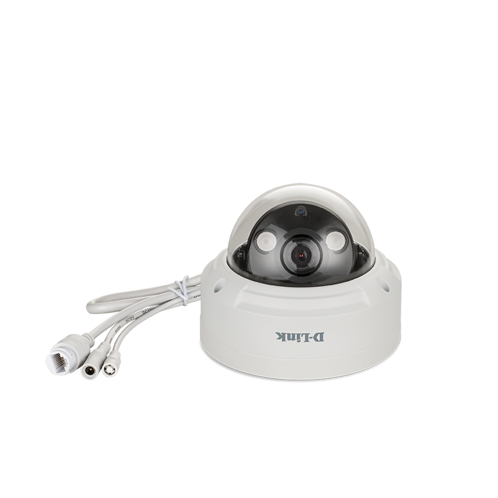 D-Link white dome security camera with attached cables