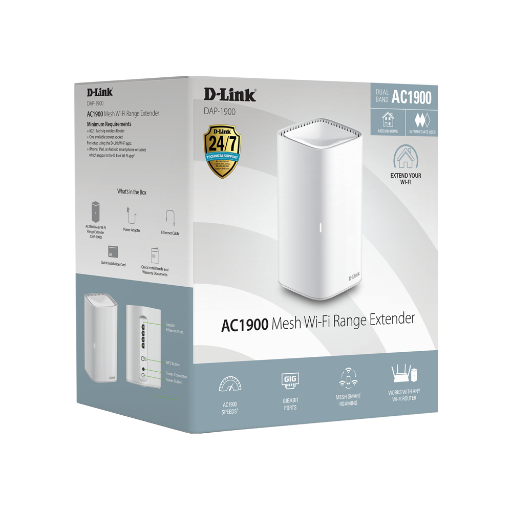 D-Link AC1900 mesh Wi‑Fi range extender retail box with device pictured