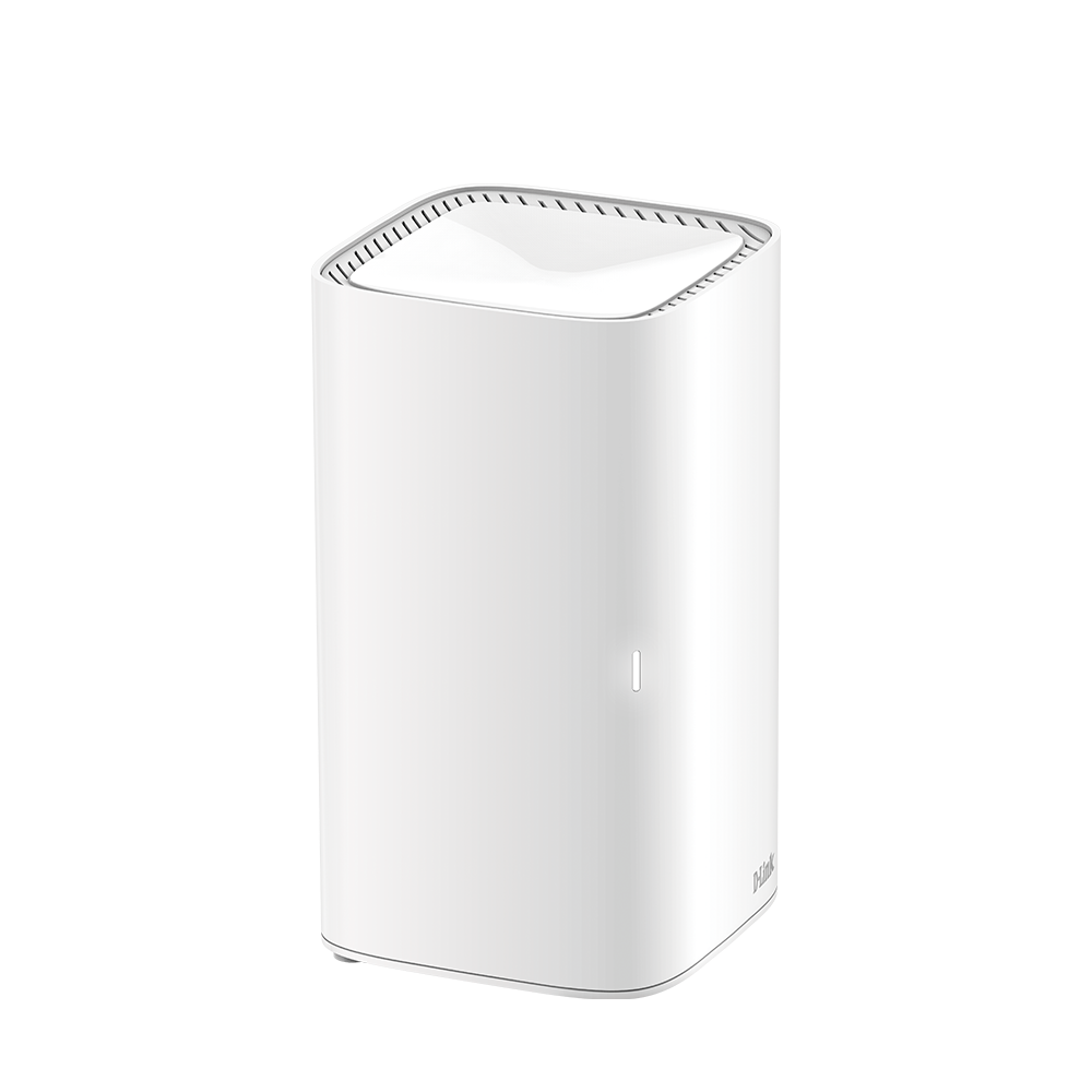 White D-Link AC1900 mesh Wi‑Fi range extender, angled view of vented top