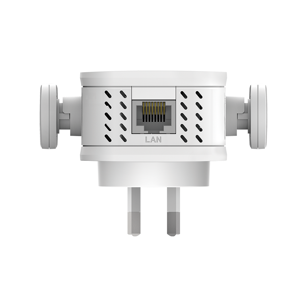 D-Link AC1200 mesh Wi‑Fi range extender rear view with LAN port and ventilation slots
