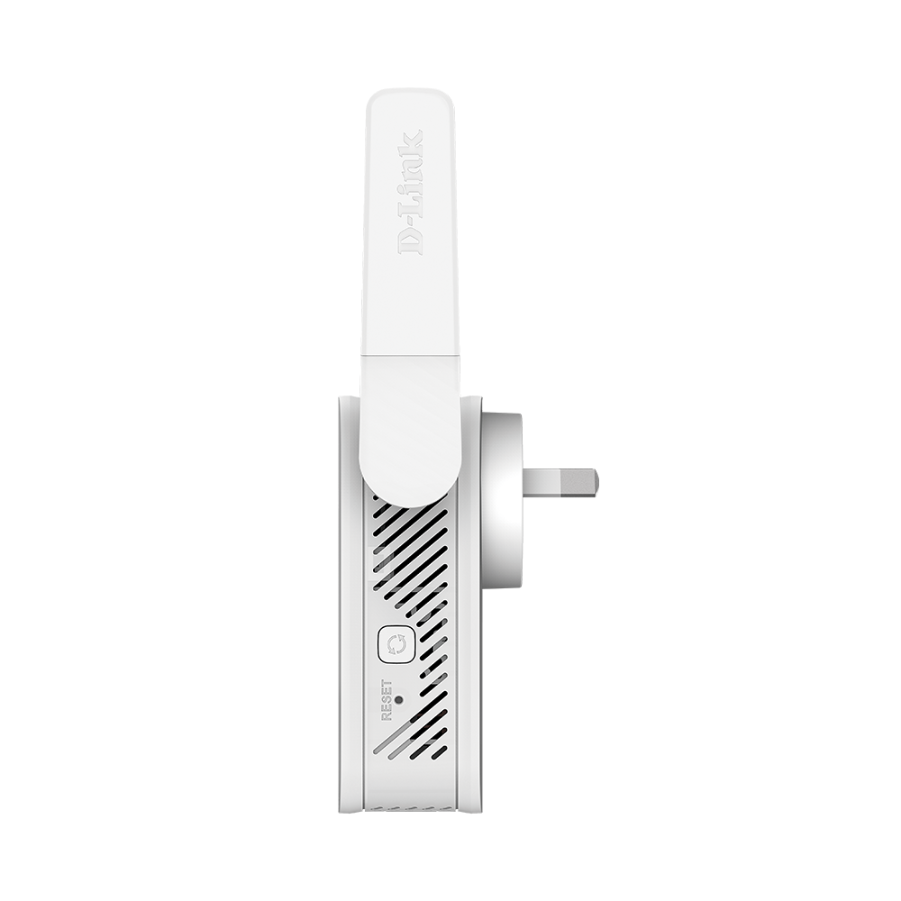 D-Link AC1200 mesh Wi‑Fi range extender side view, reset button and vented panel