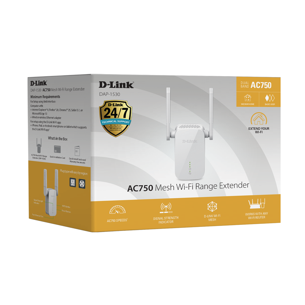 D-Link AC750 Mesh Wi‑Fi range extender retail box with feature graphics