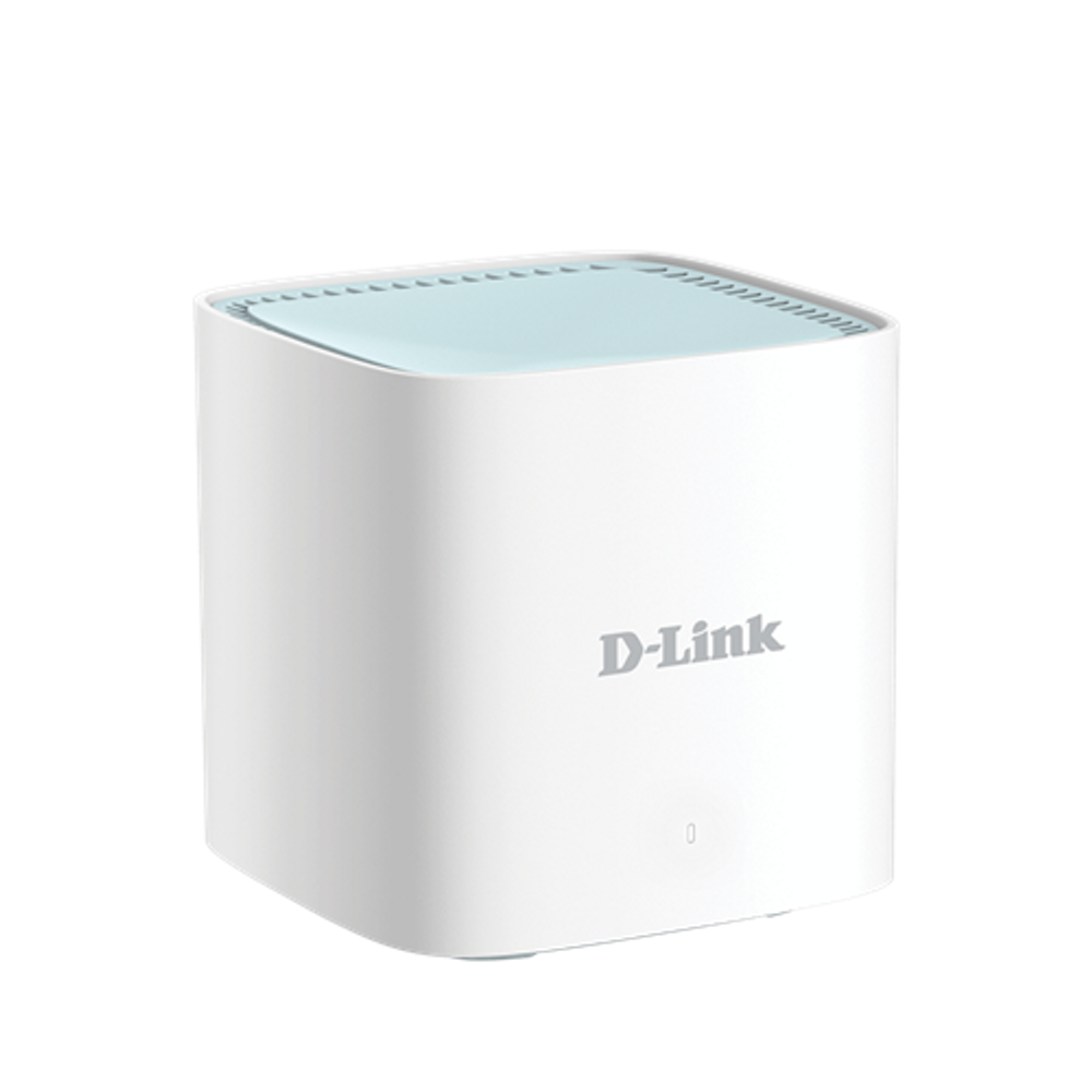 White D-Link mesh node with mint-blue top grille and side ventilation
