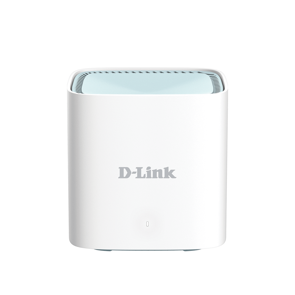 White D-Link mesh Wi‑Fi router node with front logo and top vented grille