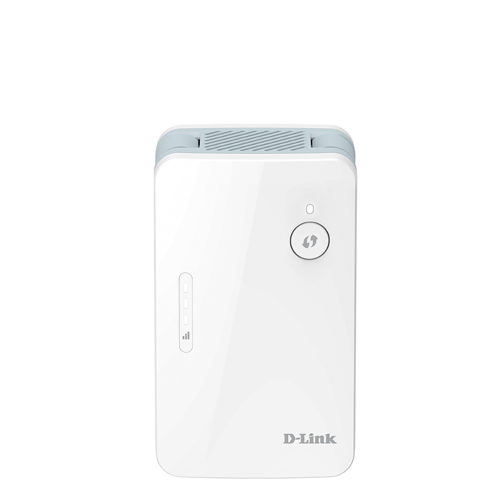 White Wi‑Fi mesh extender front panel with LED power button and top antenna bases