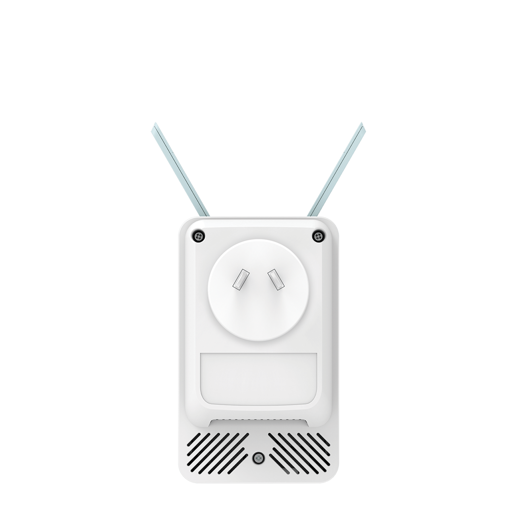 White Wi‑Fi range extender with two antennas and built-in power plug socket