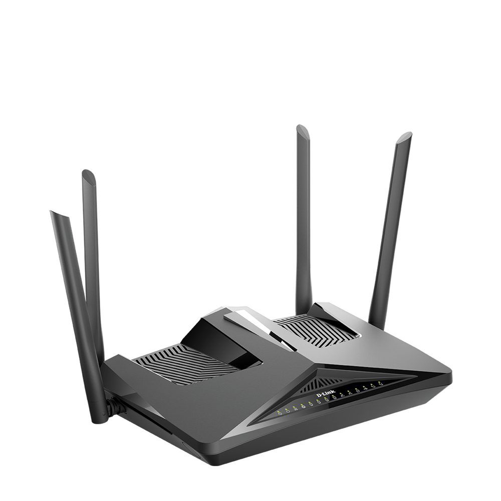 D-Link AX1800 Wi-Fi 6 VDSL2 modem router with four antennas and central status panel
