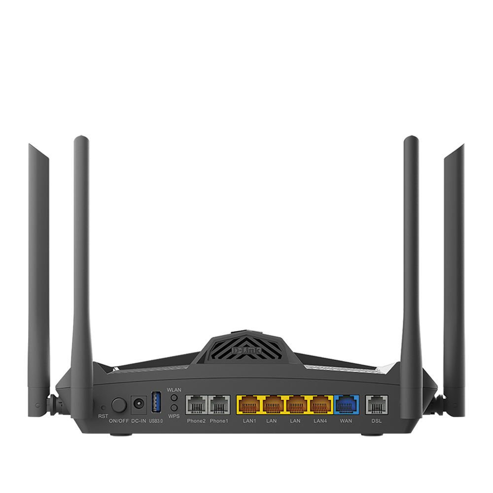 D-Link AX1800 modem router rear panel with LAN, WAN, DSL and phone ports plus antennas