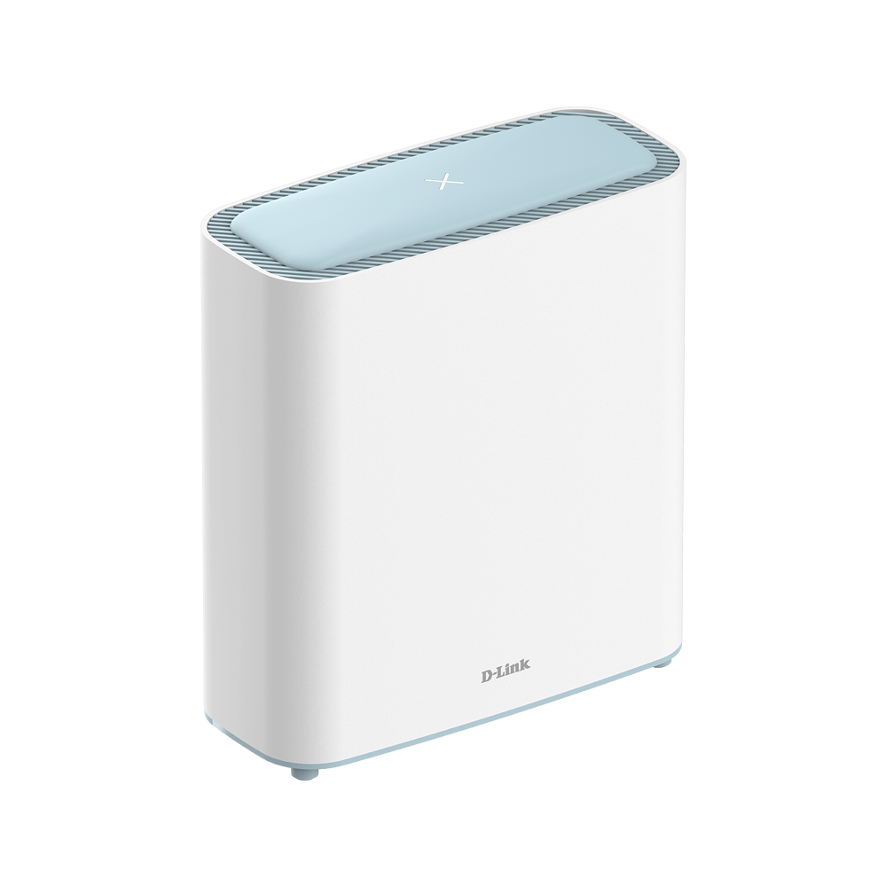 White D-Link Wi‑Fi mesh node with light-blue top and side profile
