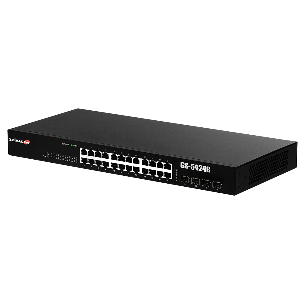 edimax 24 port gigabit long range web smart rack-mount switch. with 4 sfp. extended data delivery distance of up to 200m. voice vlan. dhcp snooping. array architecture.  tech supply shed