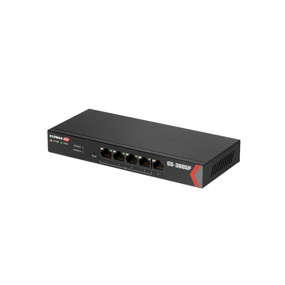 edimax 5 port gigabit web managed switch with 4 poe+ ports. power budget: 72w. designed for soho networks. delivery distance of up to 200m. auto-detect powered devices.  tech supply shed