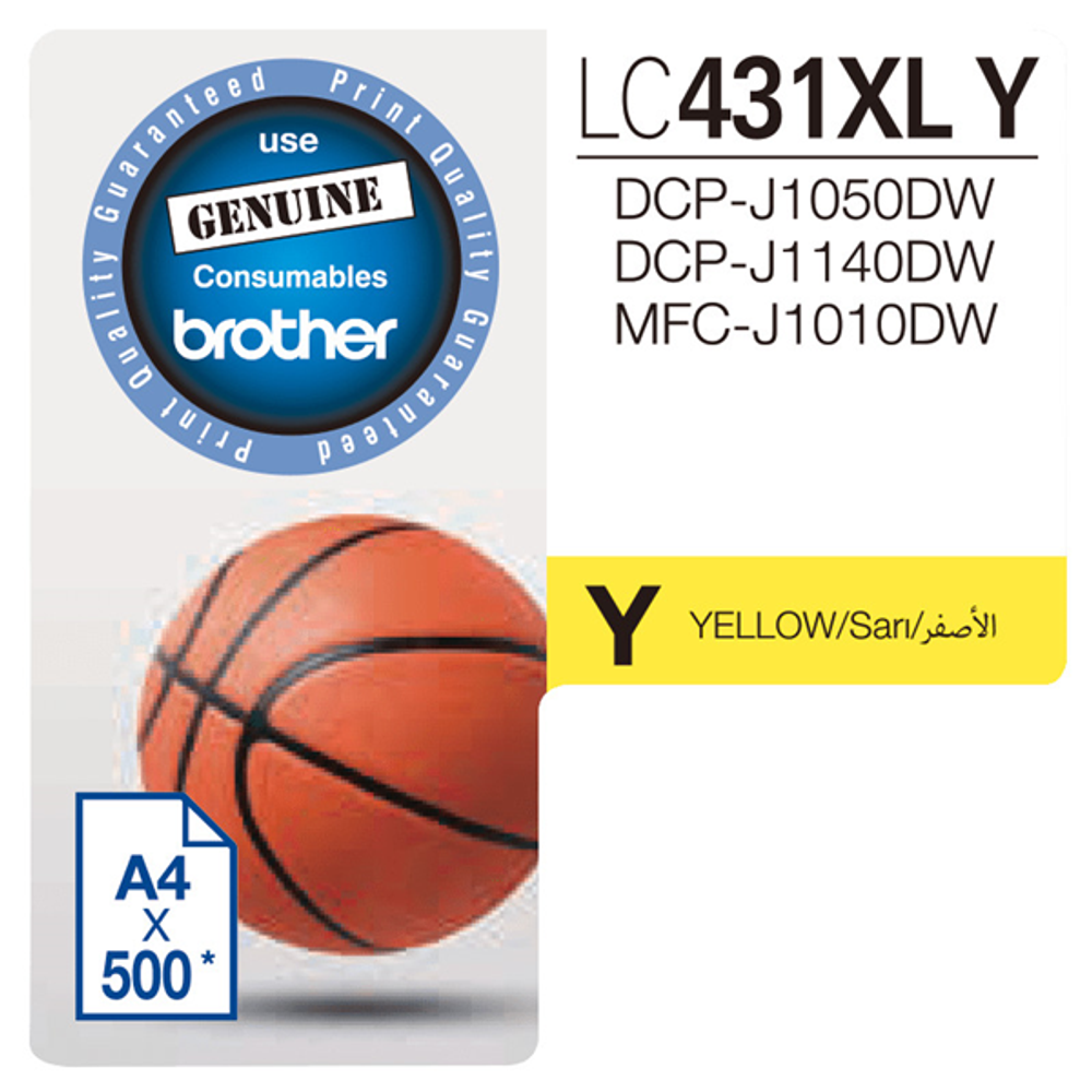Brother LC431XL high-yield yellow ink cartridge, yellow Y label