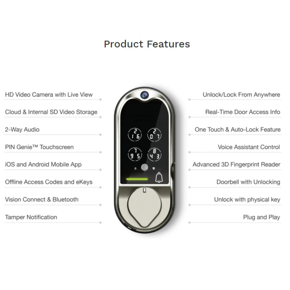 Lockly PGD798 SN - Vision Smart Deadbolt Lock + Video Doorbell - Saturn Nickel - Tech Supply Shed