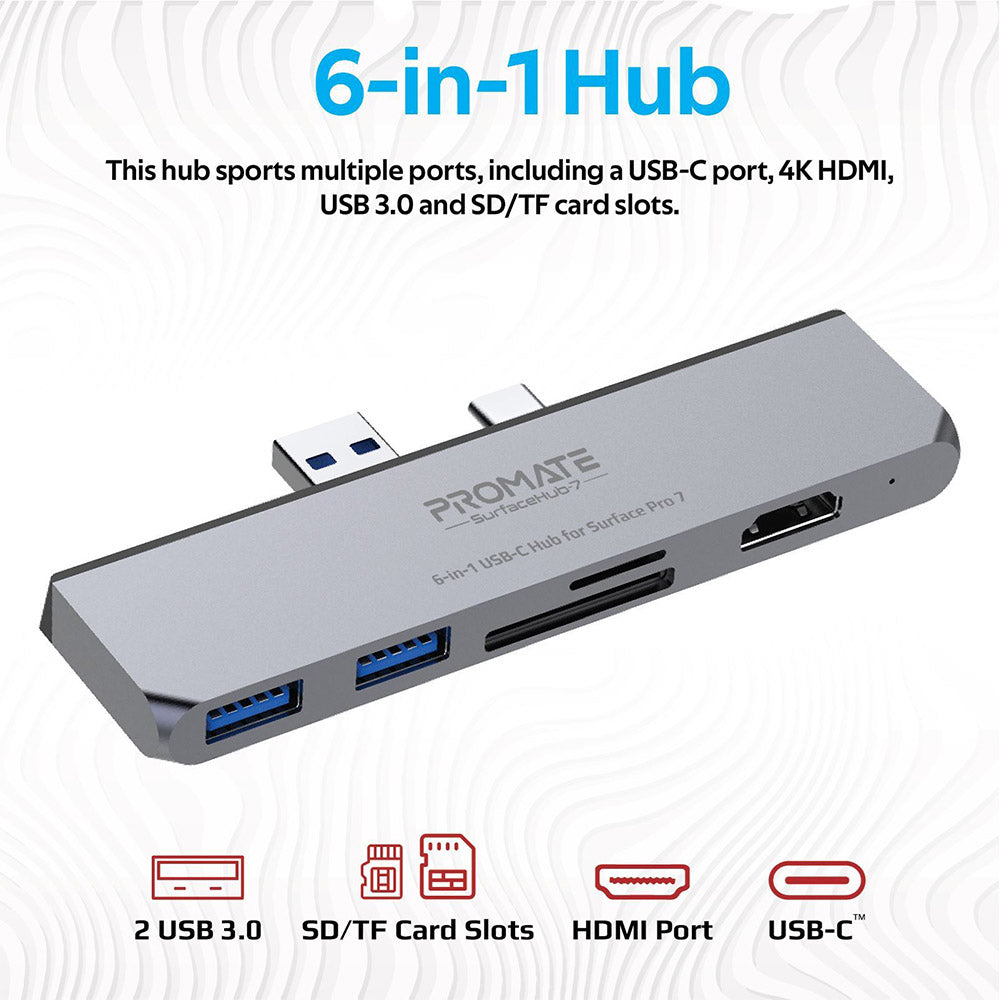 PROMATE SURFACEHUB-7 6-In-1 USB-C Hub For Microsoft Surface Pro 7