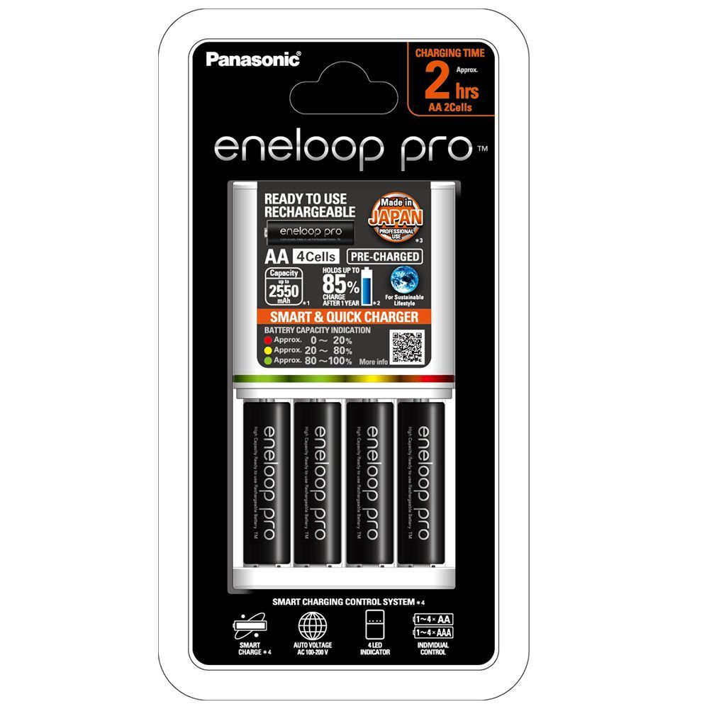 Panasonic K-KJ55HCC4TA Eneloop PRO AA Batteries 4pk + 3hr Charger