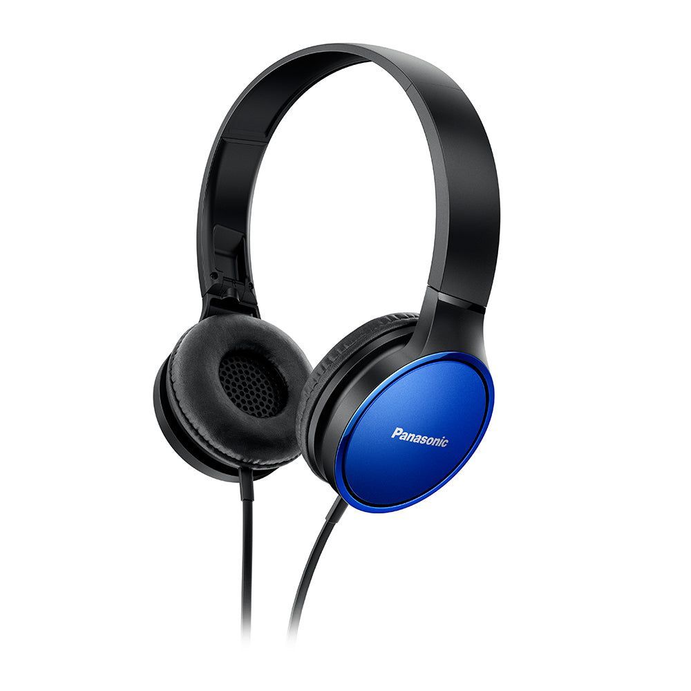 Blue wired over-ear headphones with black padded ear cushions and Panasonic logo