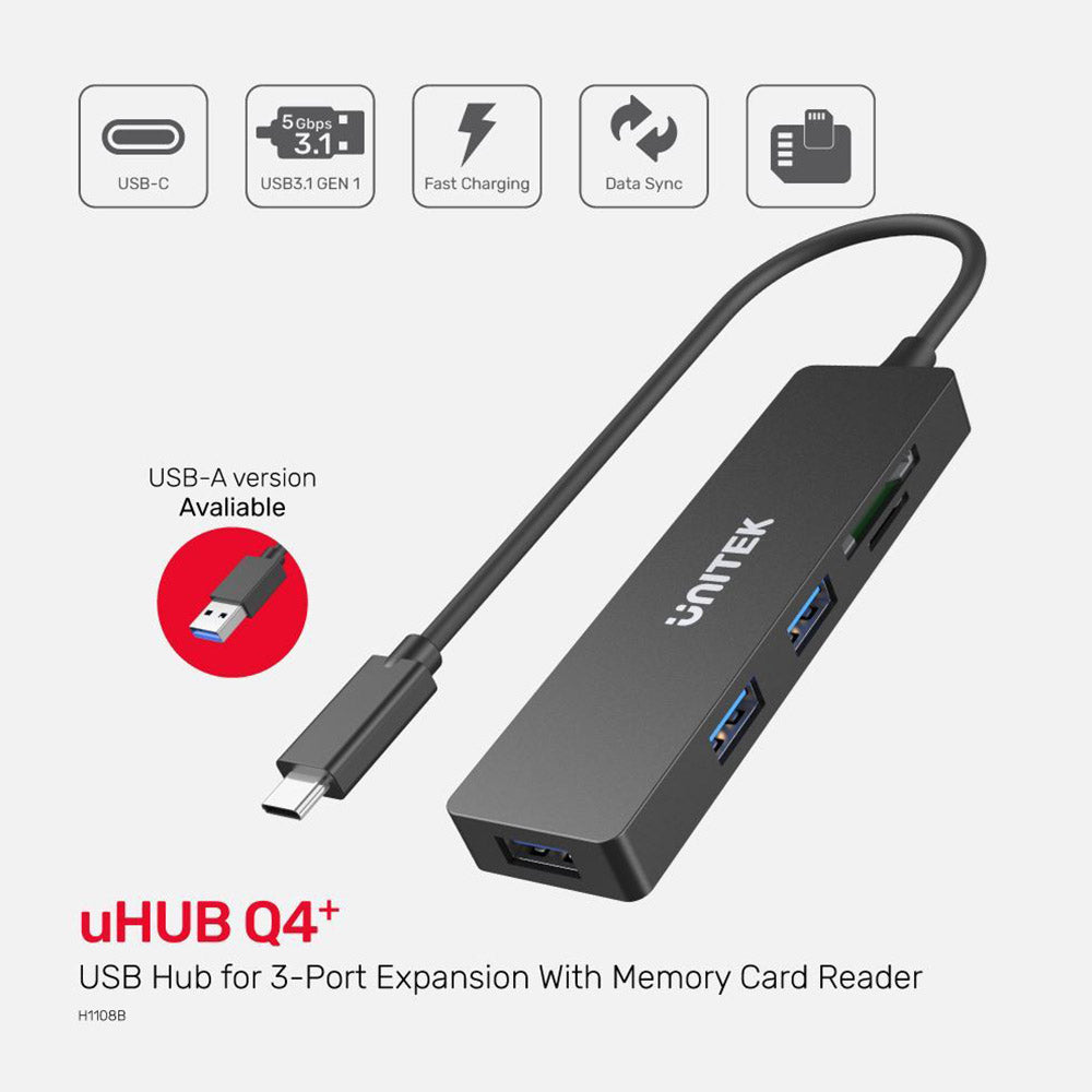 UNITEK H1108B USB-C 3.0 3-Port Hub w/ Built-In SD/MicroSD Card Reader